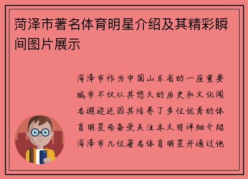 菏泽市著名体育明星介绍及其精彩瞬间图片展示
